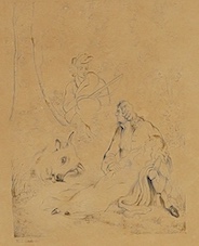After Sir Edwin Landseer RA (1802-1873), Figural study with figures seated beneath a tree, print on embossed paper, 28 x 20cm
